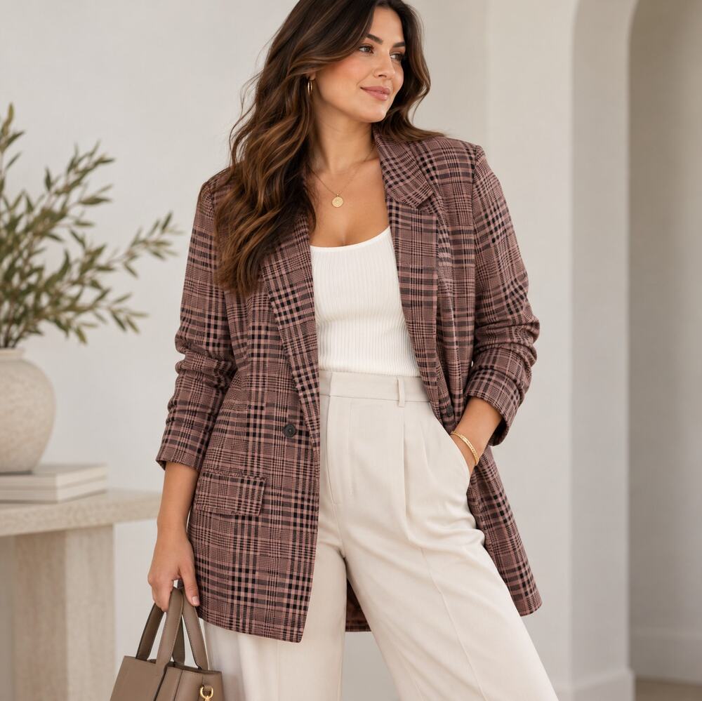 TORRID Ponte Double Breasted Relaxed Blazer Glen Plaid Brown Sz 4X $100 {OO43}